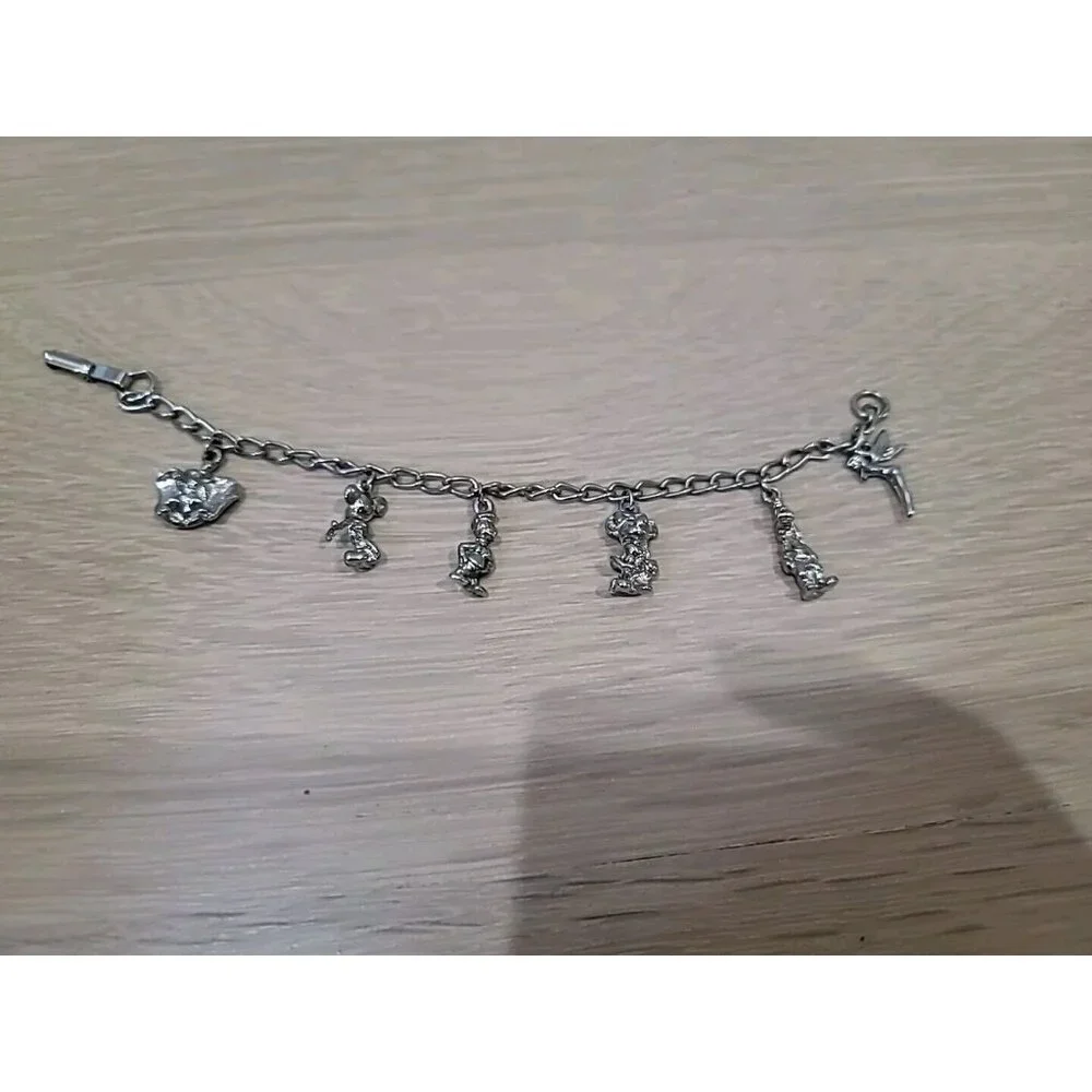 Charm Bracelet Vtg Walt Disney Characters 1990’s Silver Tone Dumbo Tink Mickey‎